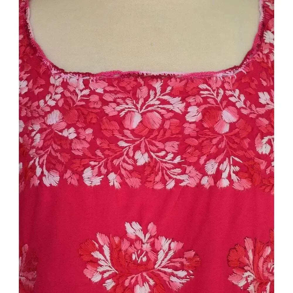 Vintage 70s Hand Embroidered Mexican Blouse, Pink Cotton, Size M Medium